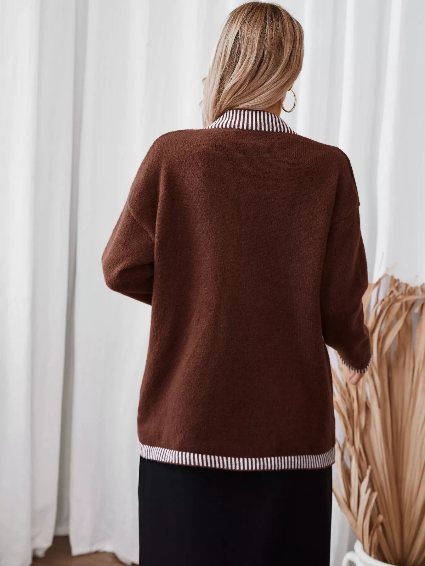 Striped Trim Button Front Pocket Knit Cardigan Trendsi