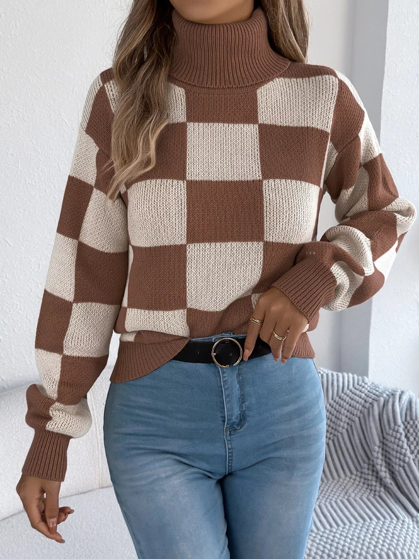 Checkered Turtleneck Long Sleeve Sweater OutfitFlow