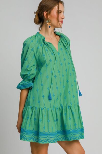 Umgee Full Size Tassel Embroidered Flounce Sleeve Mini Dress Plus Size OutfitFlow