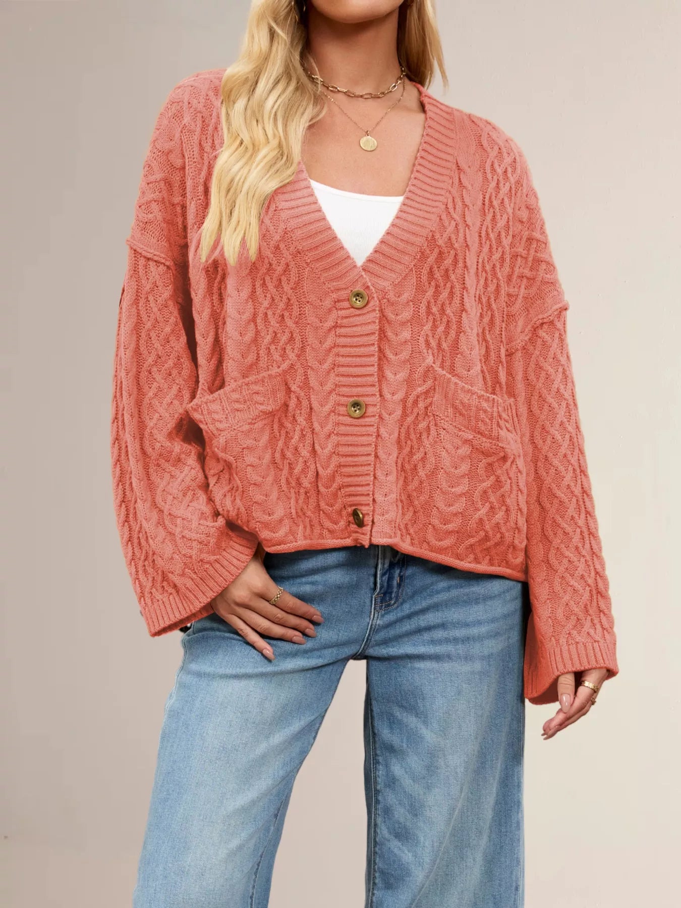 Cable Knit Button-Down Cardigan Red OutfitFlow