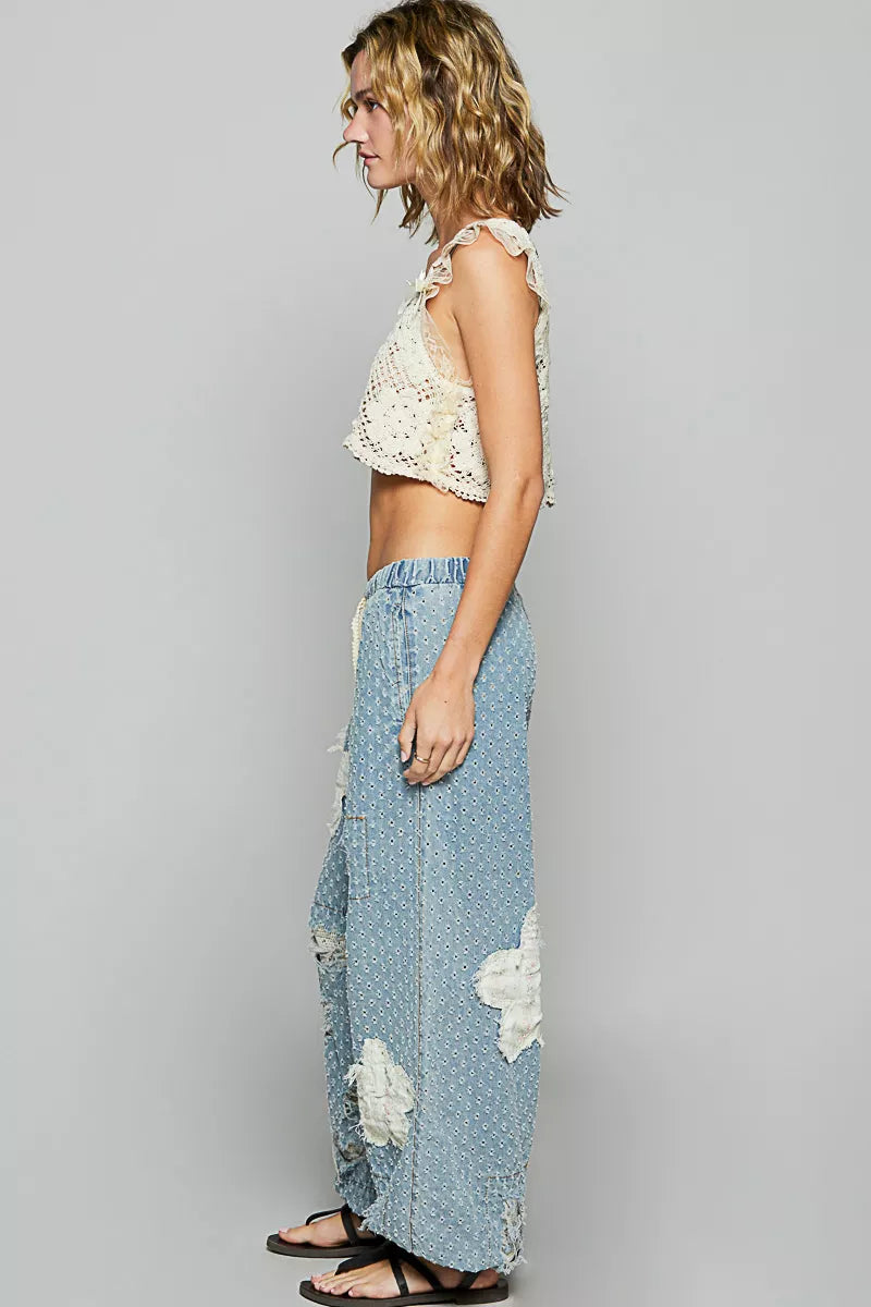 POL Floral Patch Washed Textured Twill Pants with Crochet See Thru Patch OutfitFlow