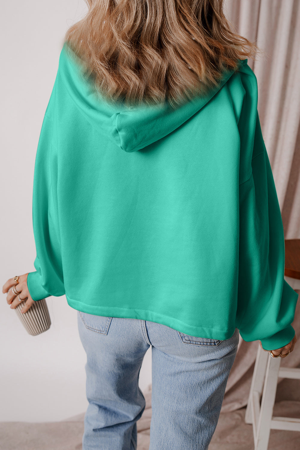 Pocketed Half Zip Dropped Shoulder Hoodie OutfitFlow