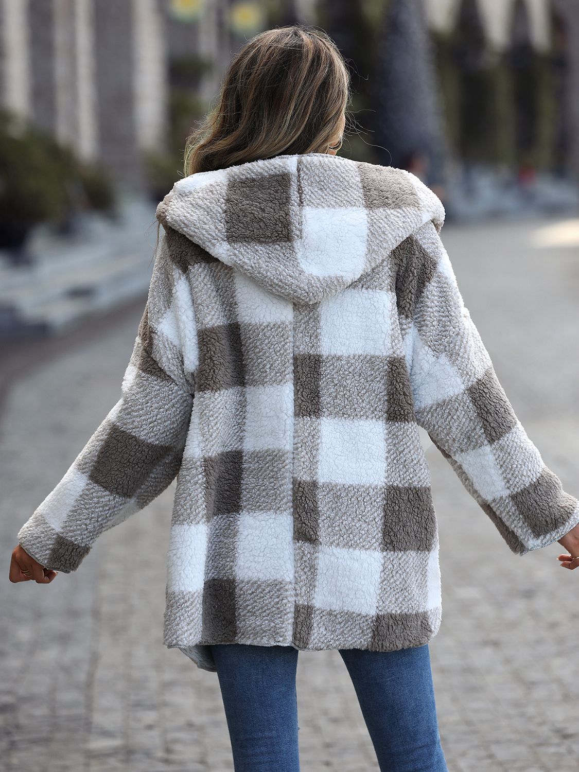 Plaid Open Front Hooded Coat OutfitFlow