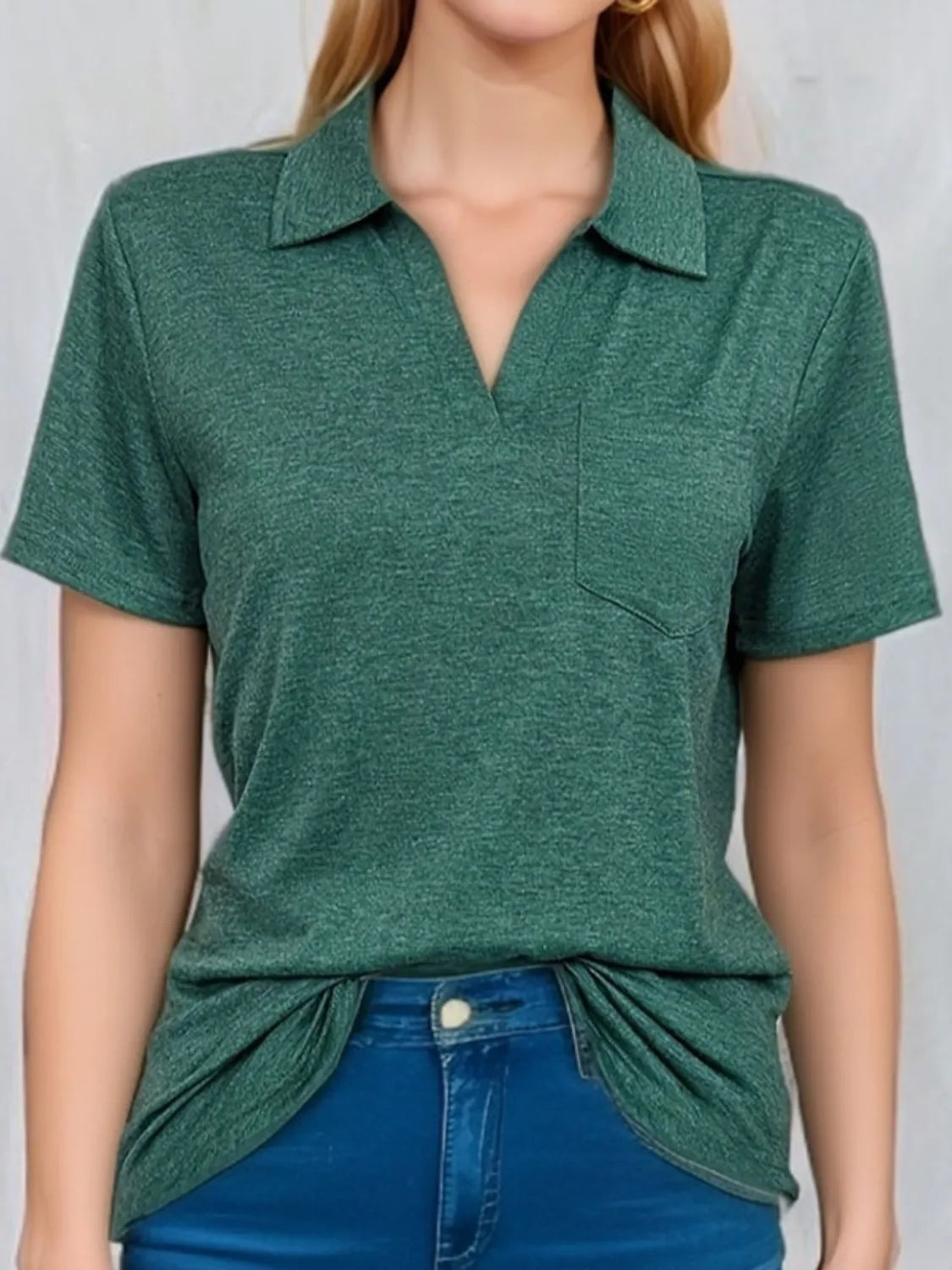 Johnny Collar Short Sleeve Top Dark Green OutfitFlow