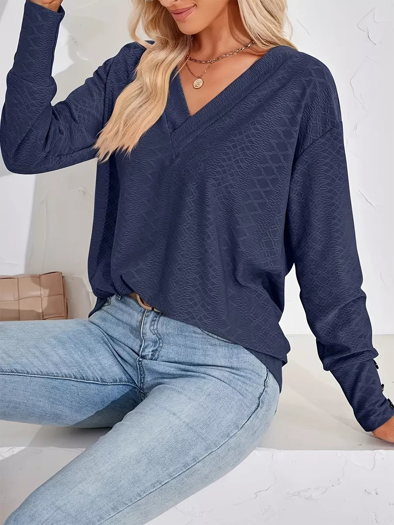 Plus Size V-Neck Textured Long Sleeve T-Shirt Navy Blue OutfitFlow