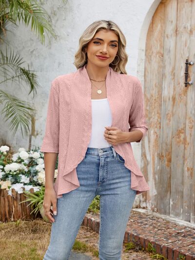 Eyelet Open Front Three-Quarter Sleeve Top OutfitFlow