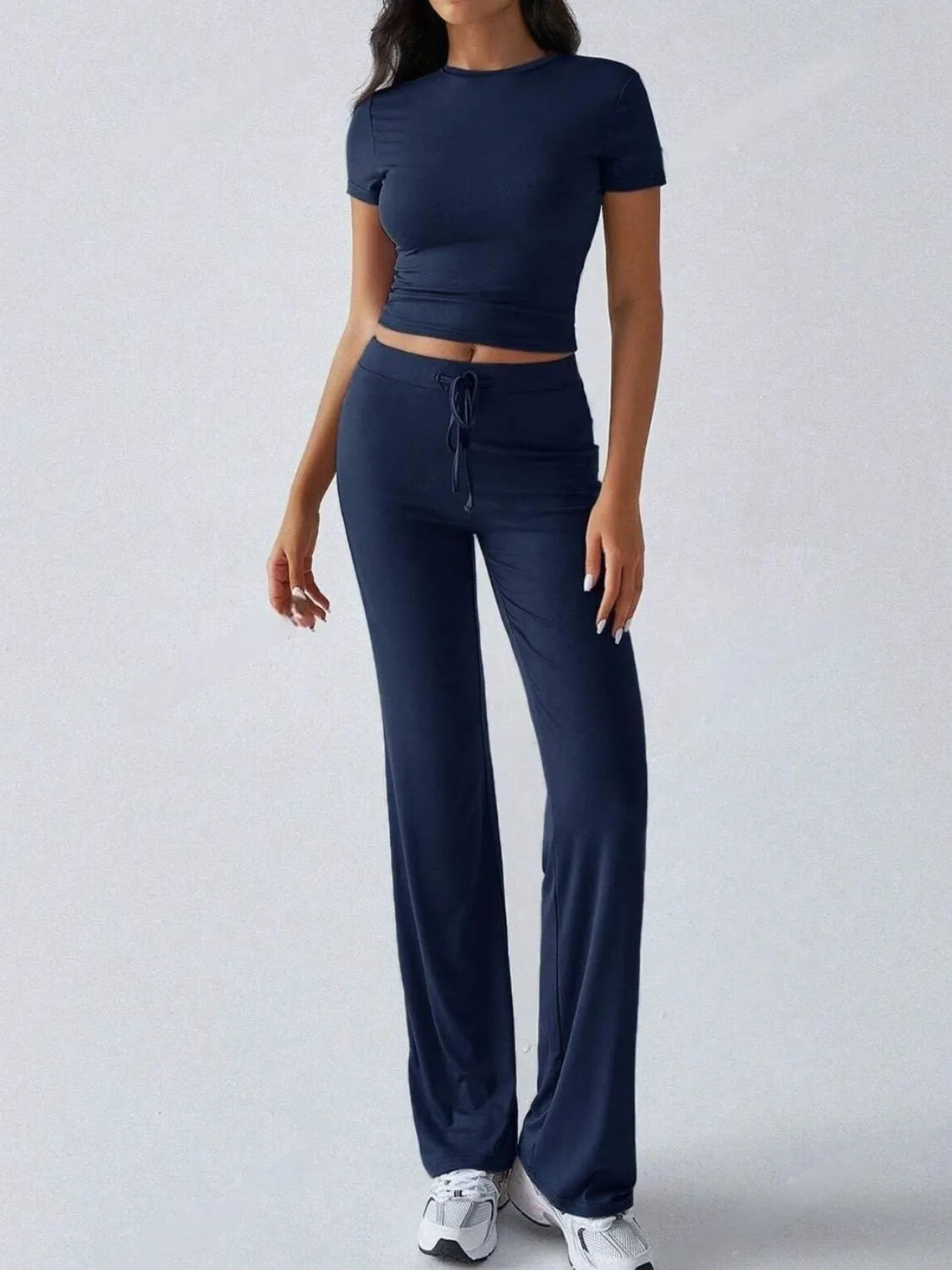 Round Neck Short Sleeve Top and Pants Set OutfitFlow