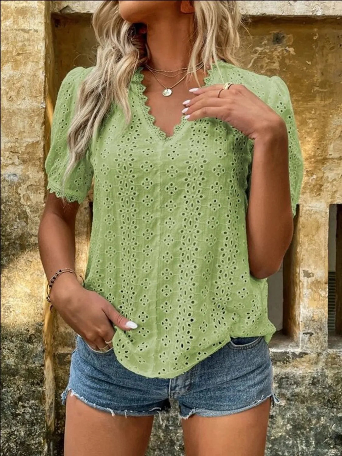 Full Size Lace Detail Eyelet V-Neck Short Sleeve Blouse Plus Size OutfitFlow