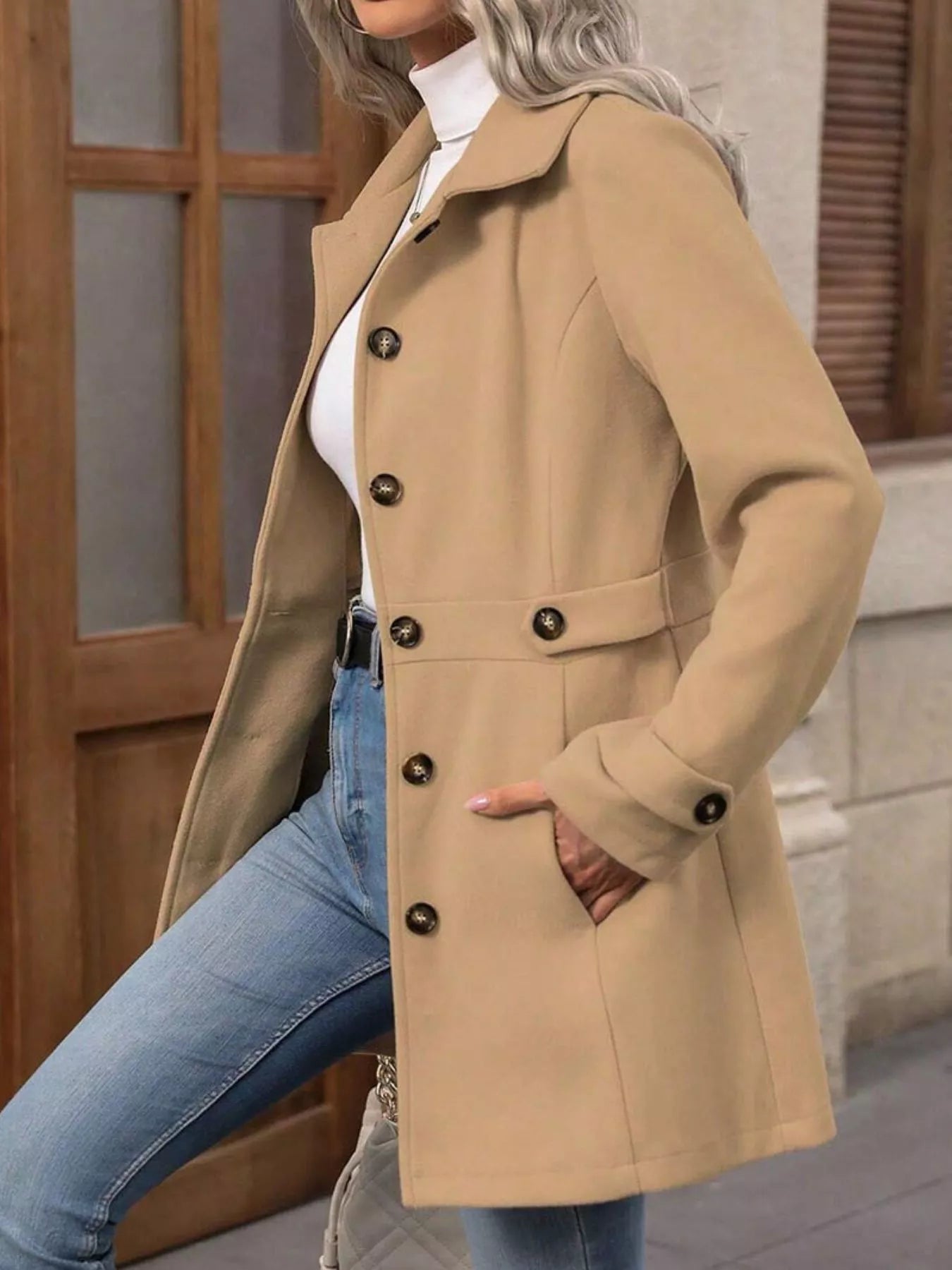 Button Up Long Sleeve Coat Khaki OutfitFlow