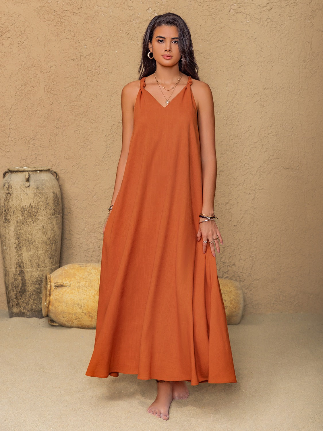 Ruched Twisted Back Sleeveless Maxi Cami Dress OutfitFlow