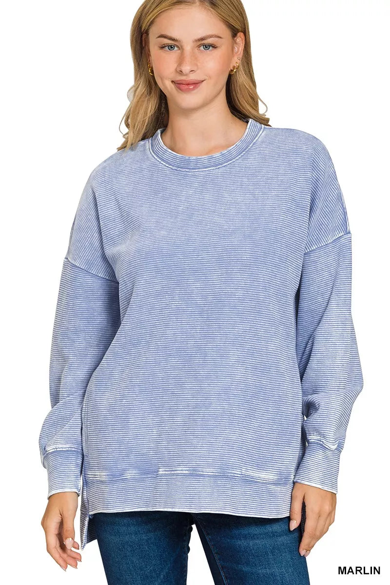 Zenana Full Size Acid Washed Double Ribbed Hi-low Sweatshirt Plus Size MARLIN OutfitFlow