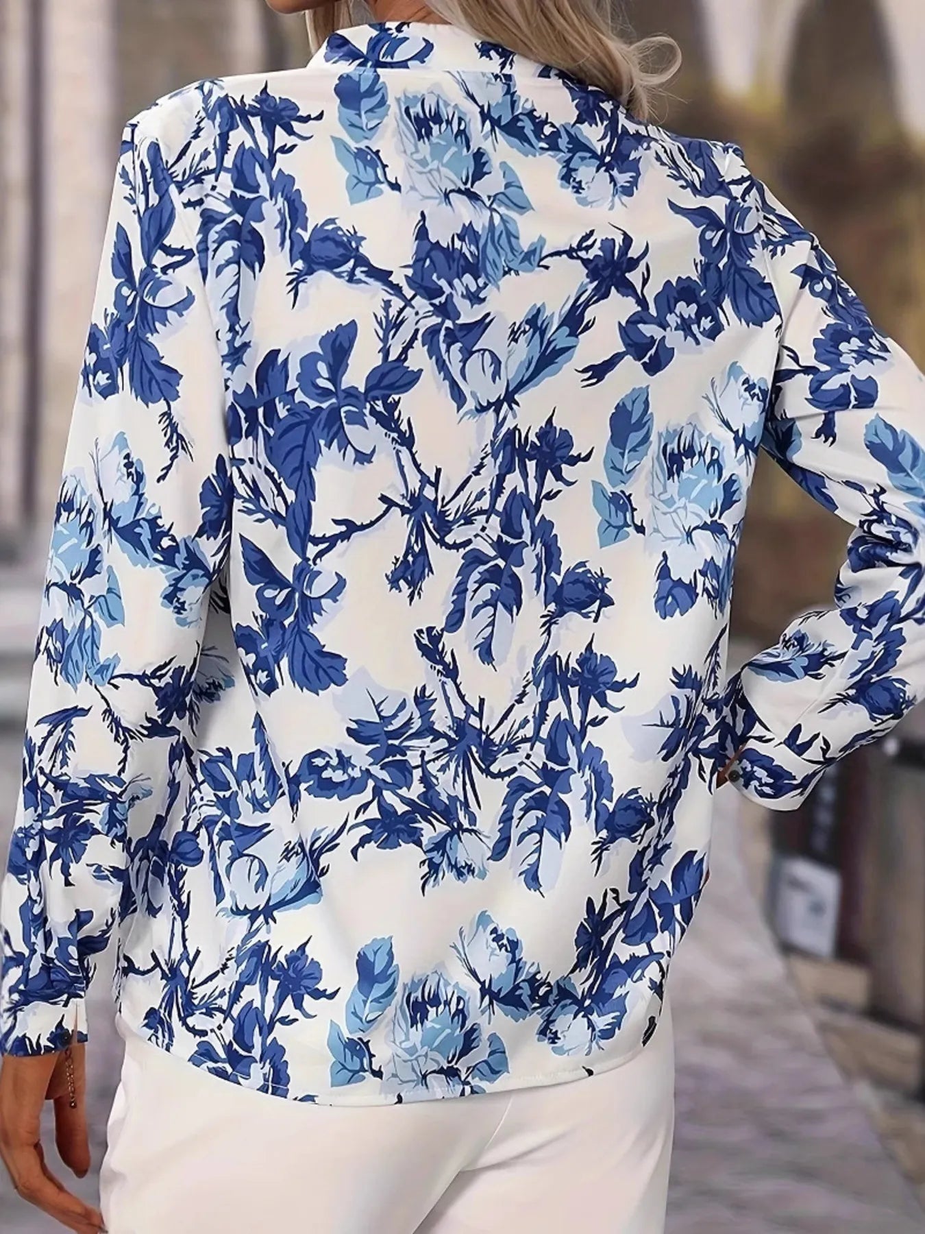 Printed Notched Long Sleeves Blouse OutfitFlow