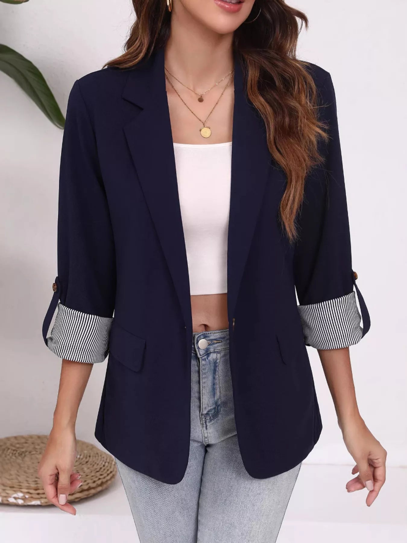 Lapel Collar Roll-Up Sleeve Blazer OutfitFlow