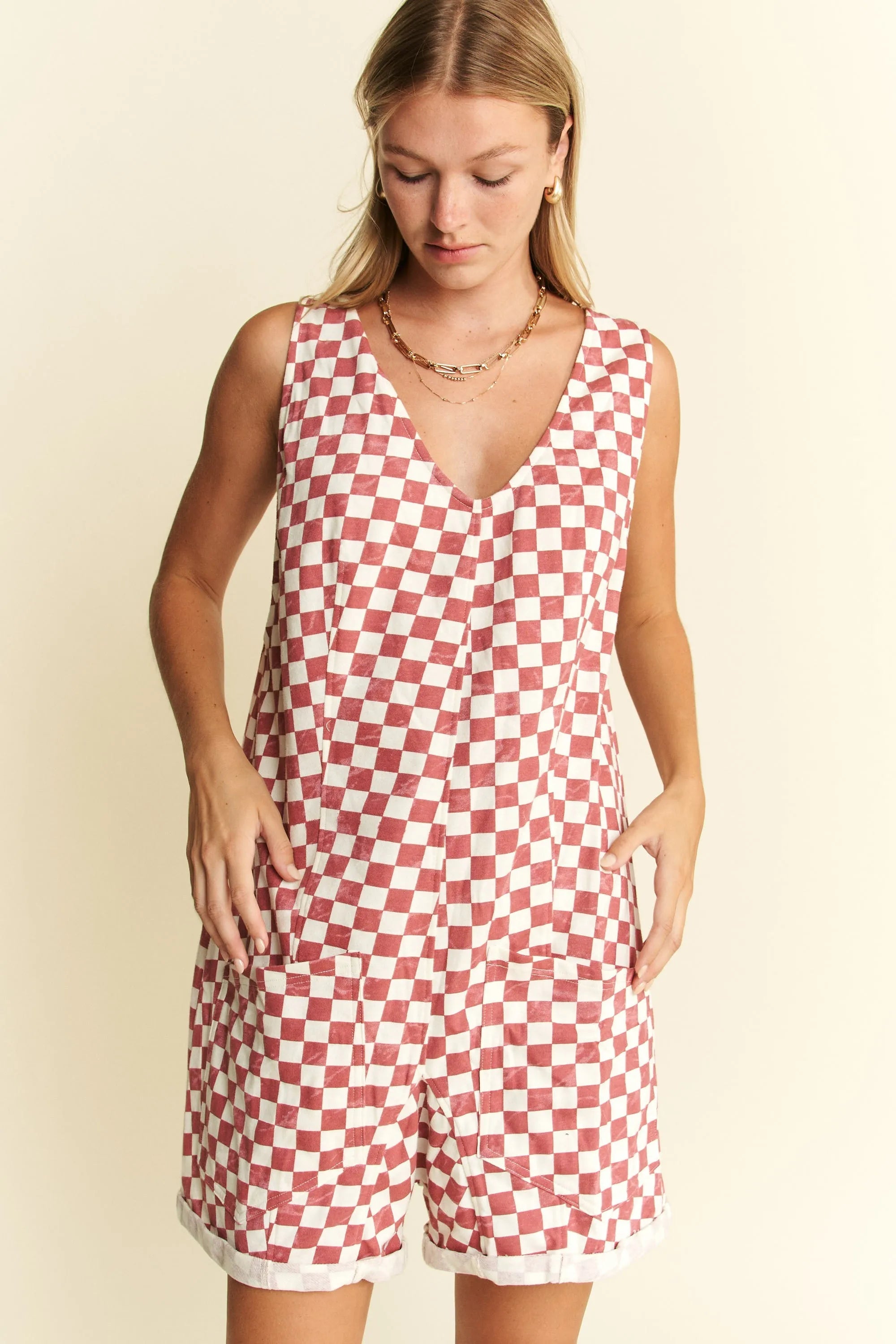 Jade By Jane Plus Size Plaid Print Shorts Romper OutfitFlow