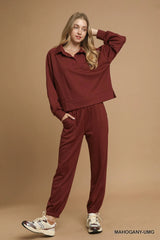 Umgee Exposed Seam Long Sleeve Polo Top with Side Slit OutfitFlow