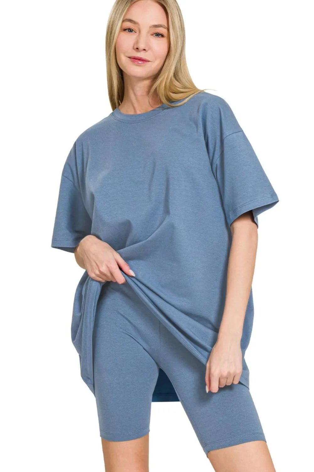 Zenana Cotton Round Neck Top & Biker Shorts DUSTY BLUE OutfitFlow