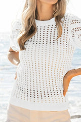 BiBi Crochet Knit Cover Up With Puff Sleeves OutfitFlow