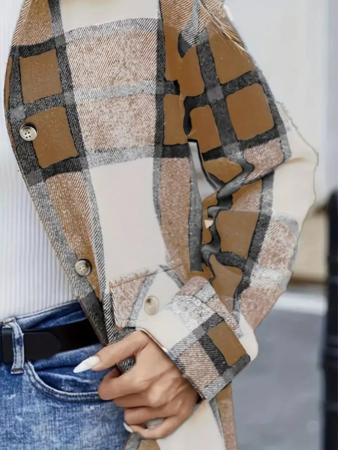 Plaid Button-Up Long Sleeve Shacket OutfitFlow