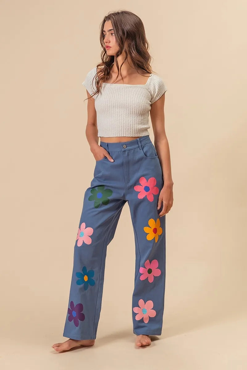 BiBi Flower Print Straight Legs Pants OutfitFlow