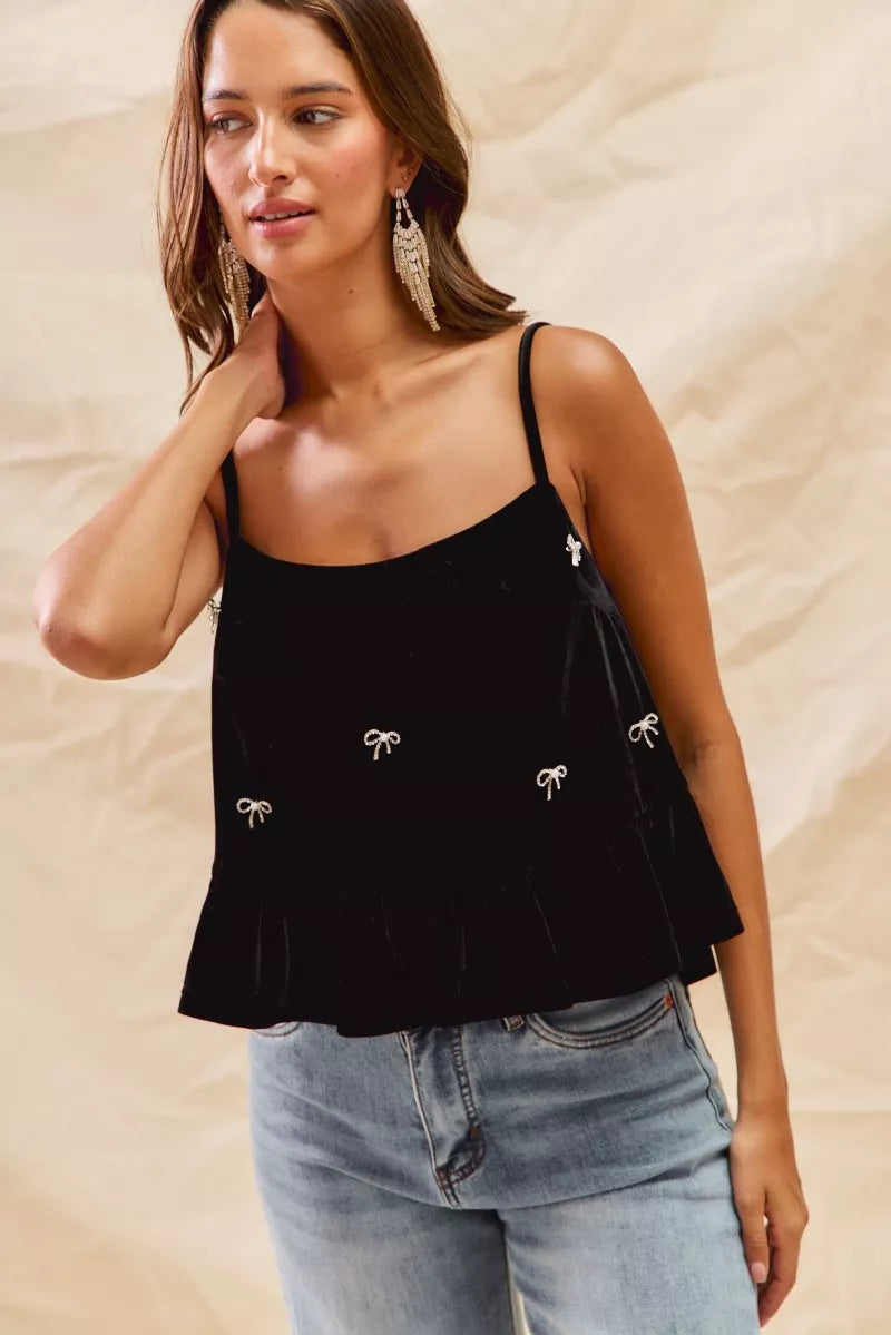SO ME Holiday Velvet Ribbon Rhinestone Christmas Top OutfitFlow