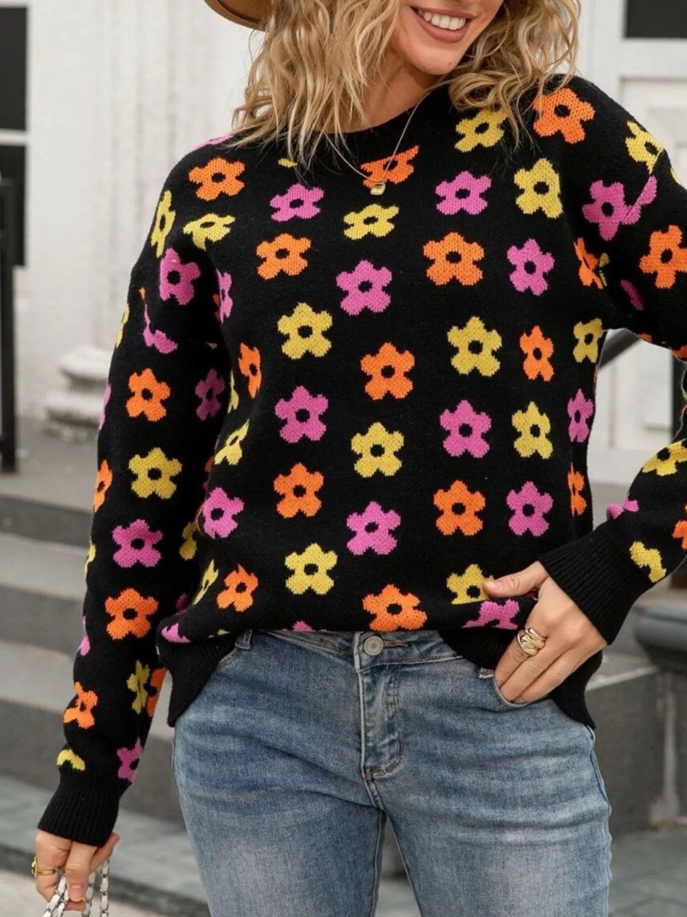 Floral Crew Neck Sweater Trendsi