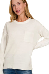 Zenana Melange Hi-low Hem Round Neck Sweater IVORY OutfitFlow