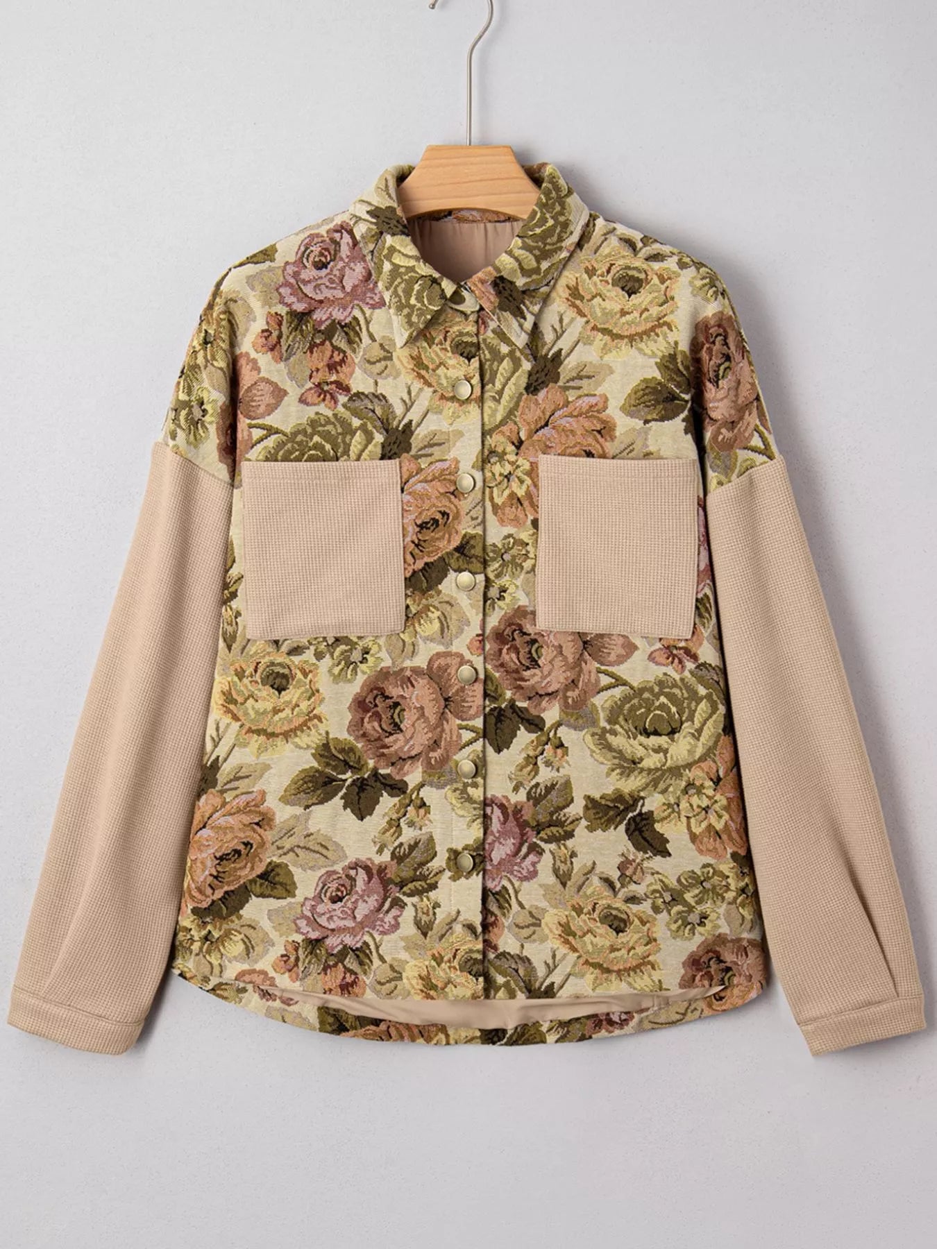 Floral Waffle Knit Patchwork Chest Pockets Buttoned Jacket OutfitFlow
