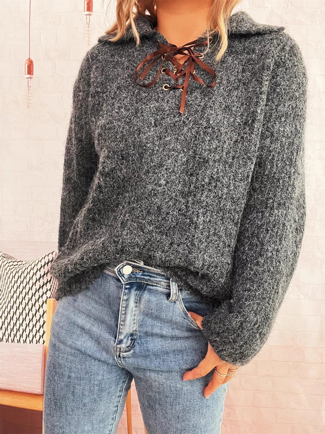 Lace Up Long Sleeve Sweater OutfitFlow