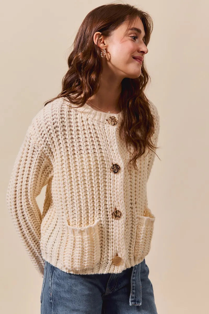 SO ME Metal Button Long Sleeve Chunky Sweater Cardigan OutfitFlow