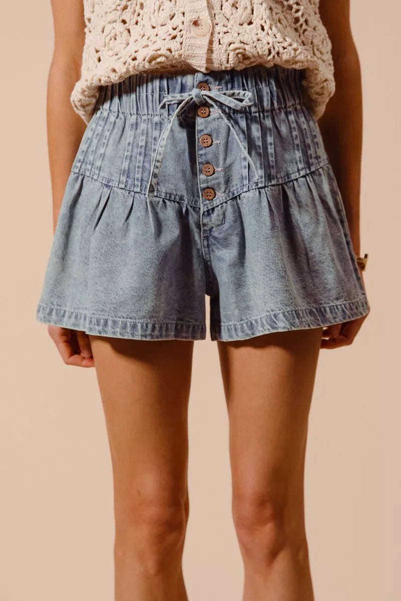 SO ME Flared Denim Shorts with Elasticized Waist OutfitFlow