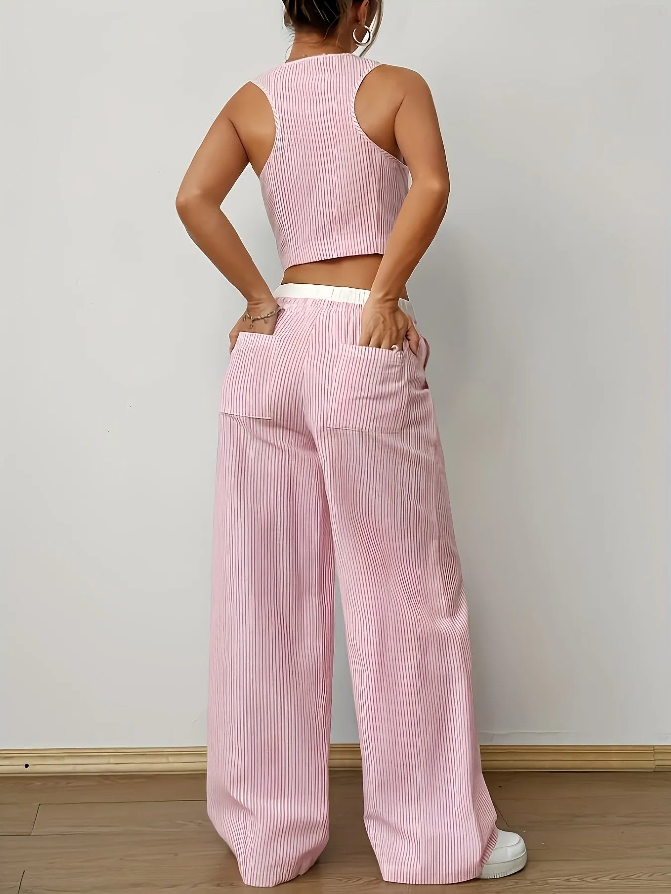 Striped Vest Top and Wide Leg Pants Two-Piece Set OutfitFlow