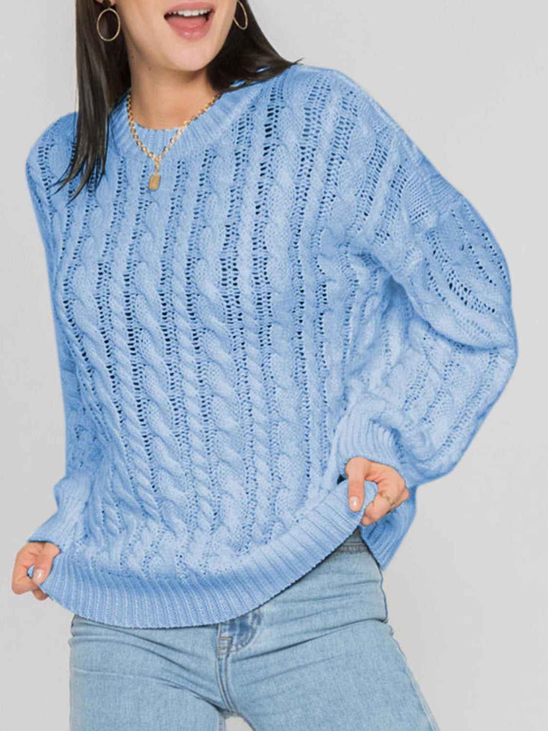 Openwork Round Sleeve Cable-Knit Sweater