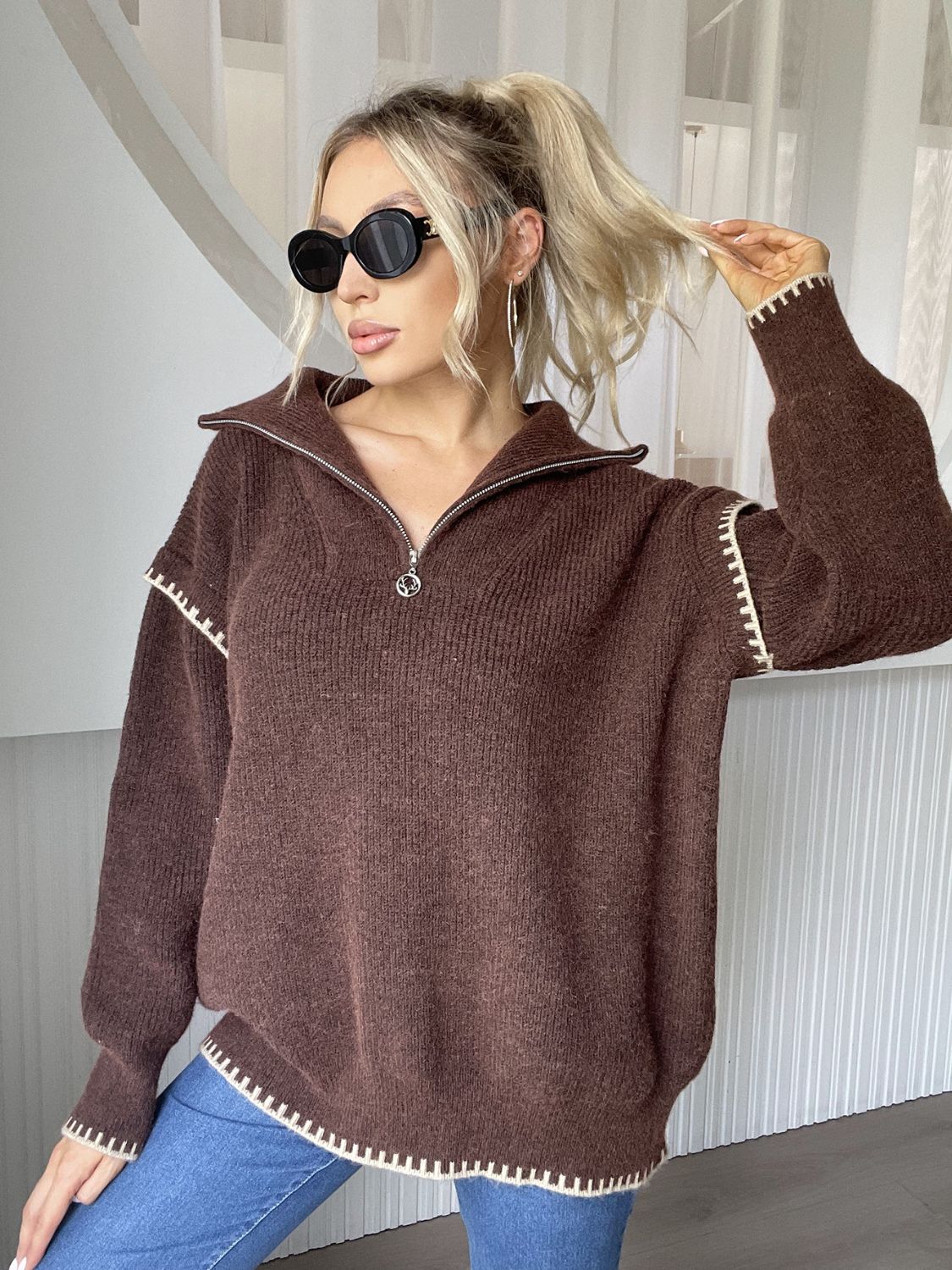 Outfit Flow - Quarter Zip Contrast Dropped Shoulder Sweater