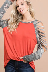 BiBi Jersey Knit Top with Camouflage Laser Cut Sleeves OutfitFlow
