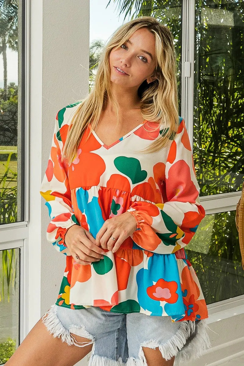 BiBi Floral Woven Tiered V Neck Top Trendsi