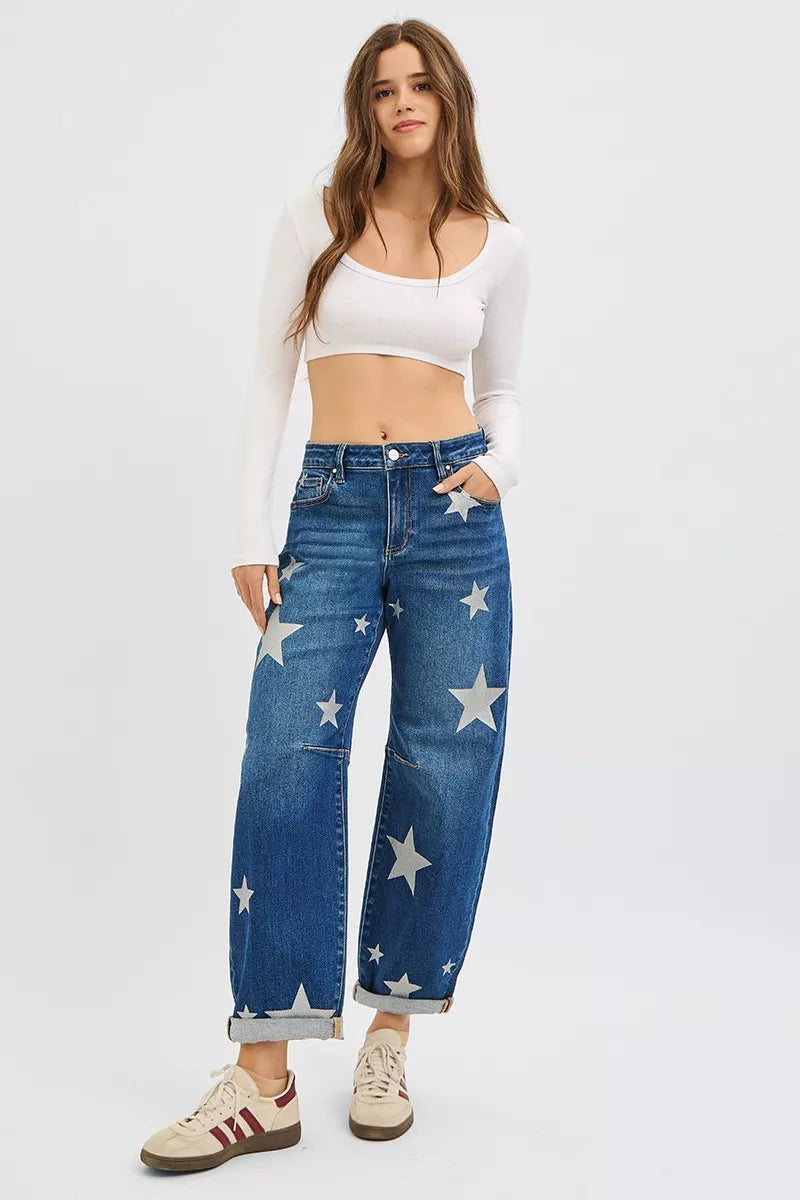 RISEN Mid Rise Ankle Length Relaxed Barrel Star Printed Jeans OutfitFlow