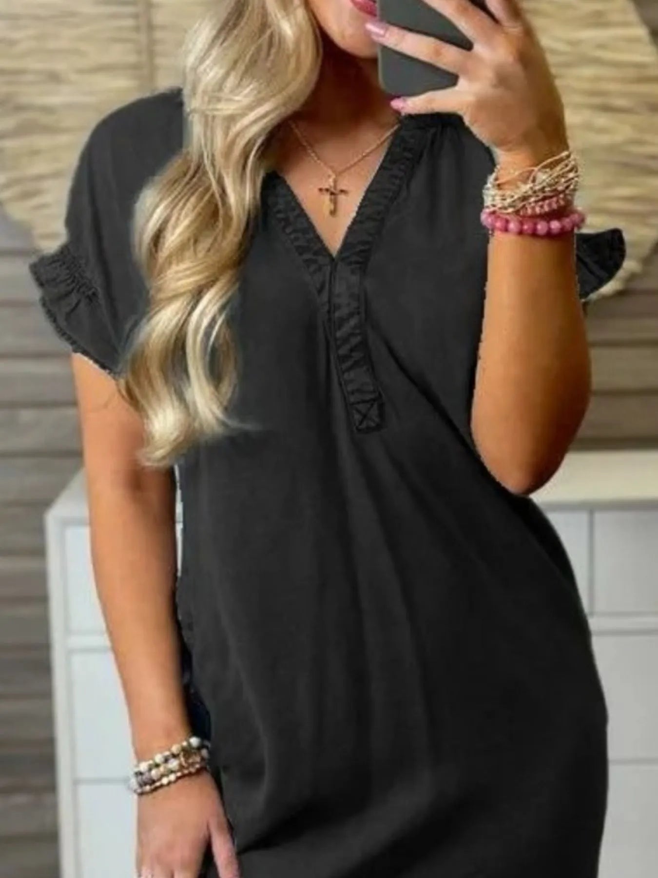 Full Size V-Neck Short Sleeve Denim Dress Plus Size OutfitFlow