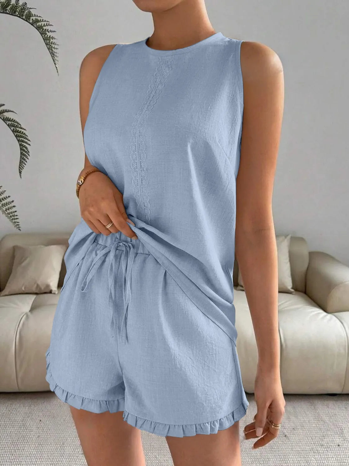 Lace Detail Round Neck Tank and Shorts Set Light Blue OutfitFlow