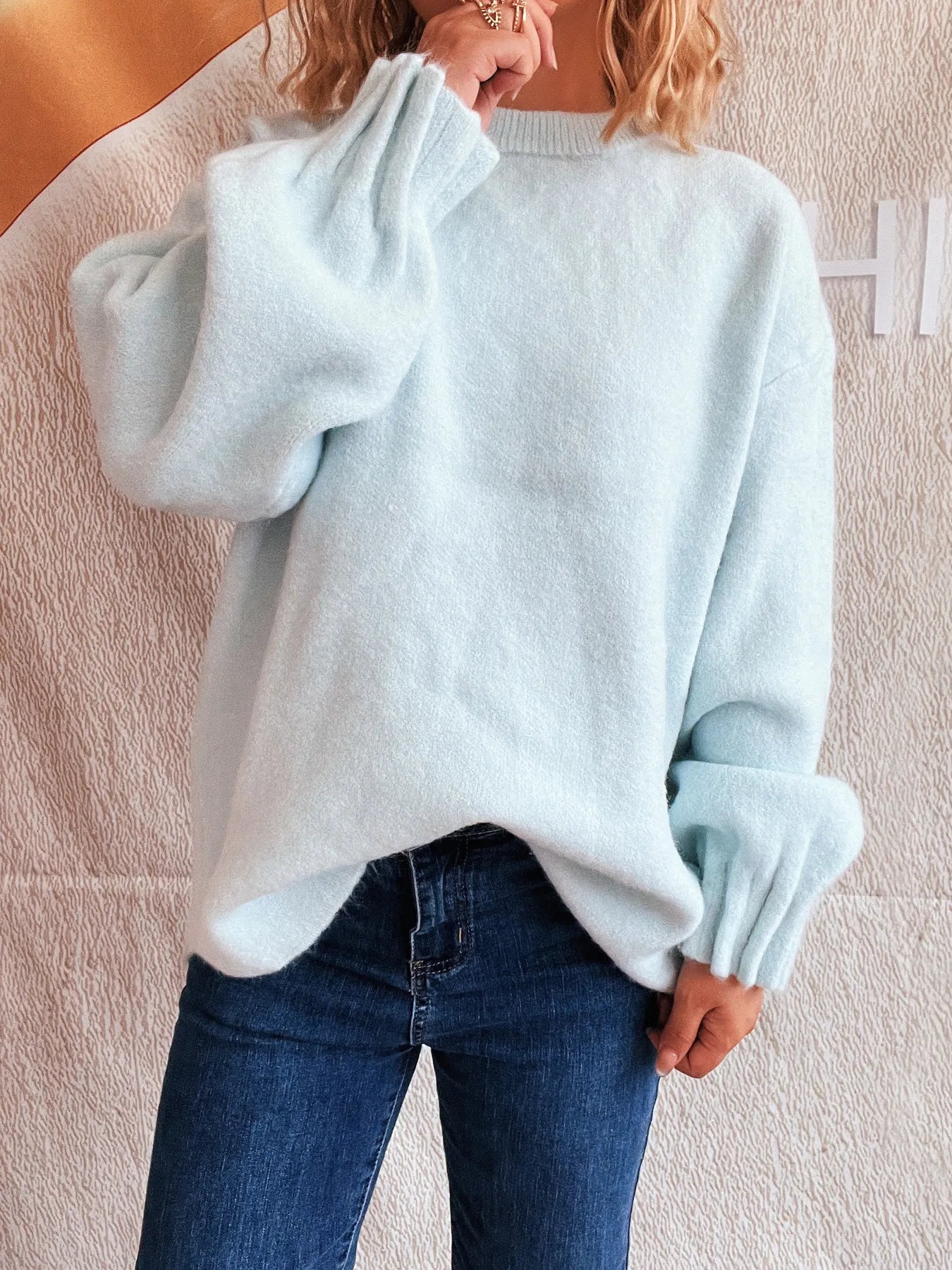 Round Neck Dropped Shoulder Sweater OutfitFlow