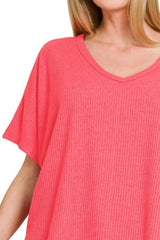 Zenana Ribbed V-Neck Short-Sleeve Knit Top OutfitFlow