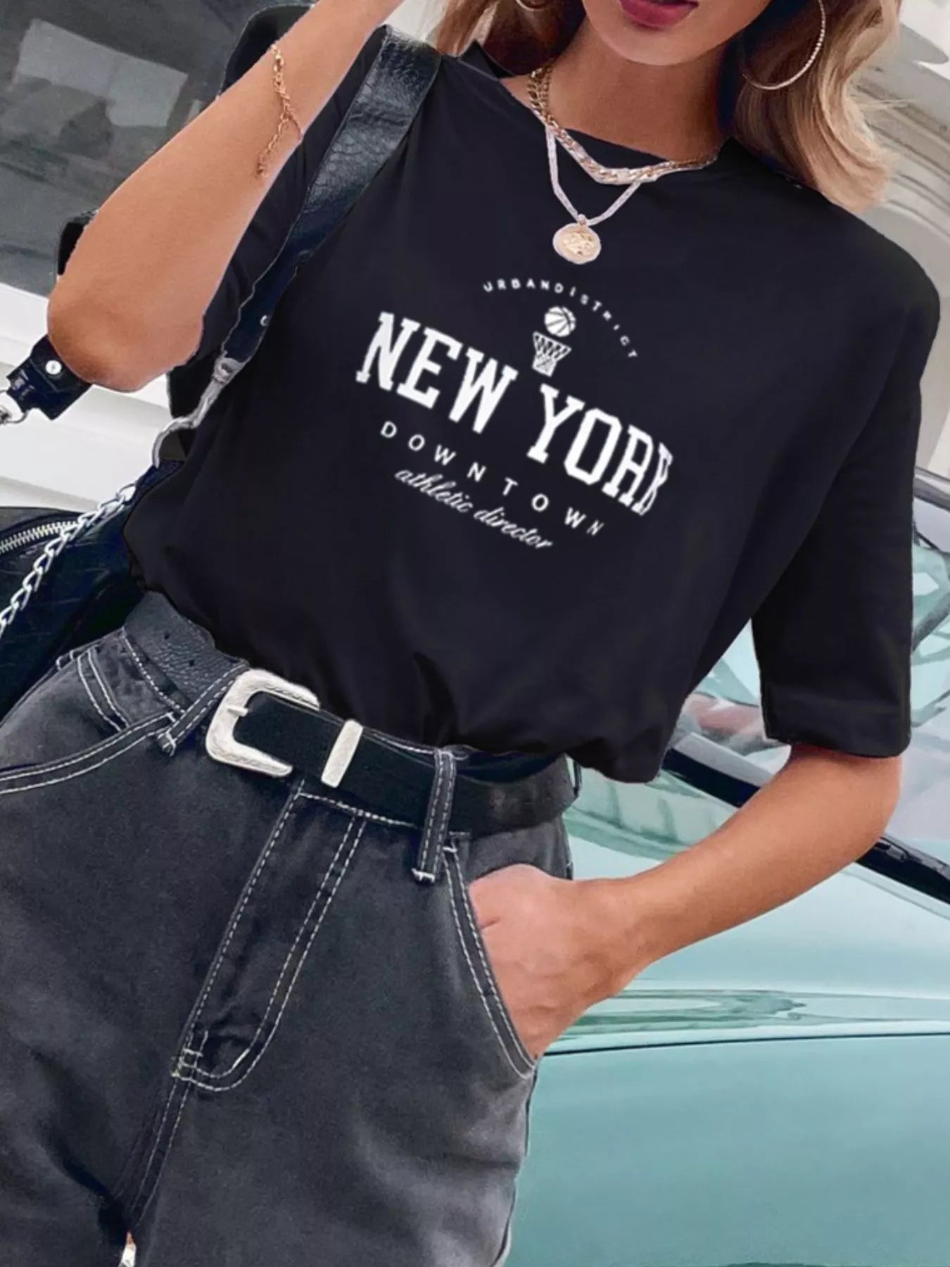 Letter Round Neck Half Sleeve T-Shirt OutfitFlow
