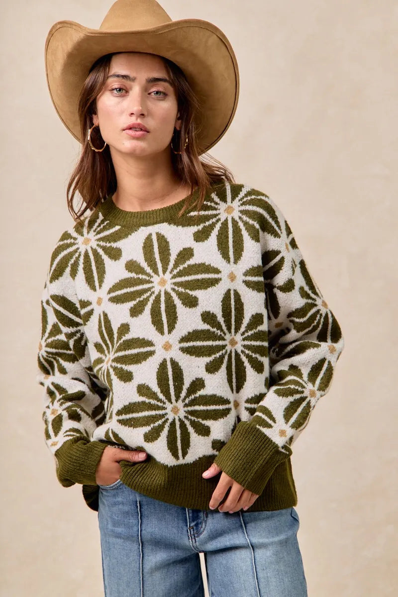 BiBi Flower Pattern Long Sleeve Sweater OutfitFlow