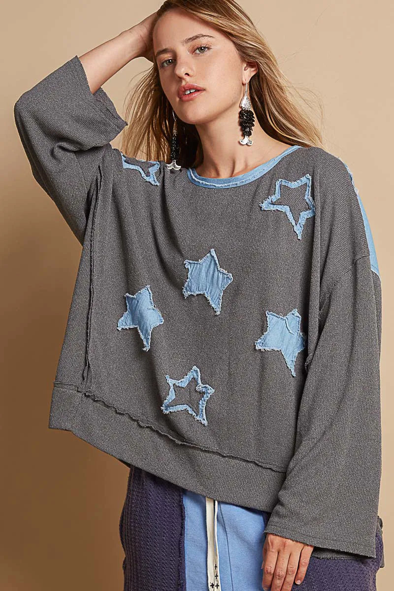 POL Exposed Seam Relaxed Fit Sweater with Star Denim Patch Trendsi