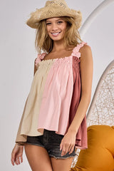 BiBi Frill Shoulder Strap Color Block Bodice Top OutfitFlow