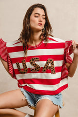 BiBi Stripe Mixed Ruffle Sleeve Top With Leopard Letter OutfitFlow