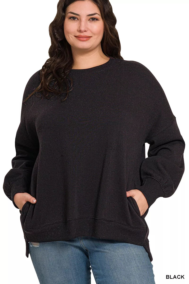Zenana Full Size Fleece Hi-low Boyfriend Sweatshirts with Pockets Plus Size OutfitFlow
