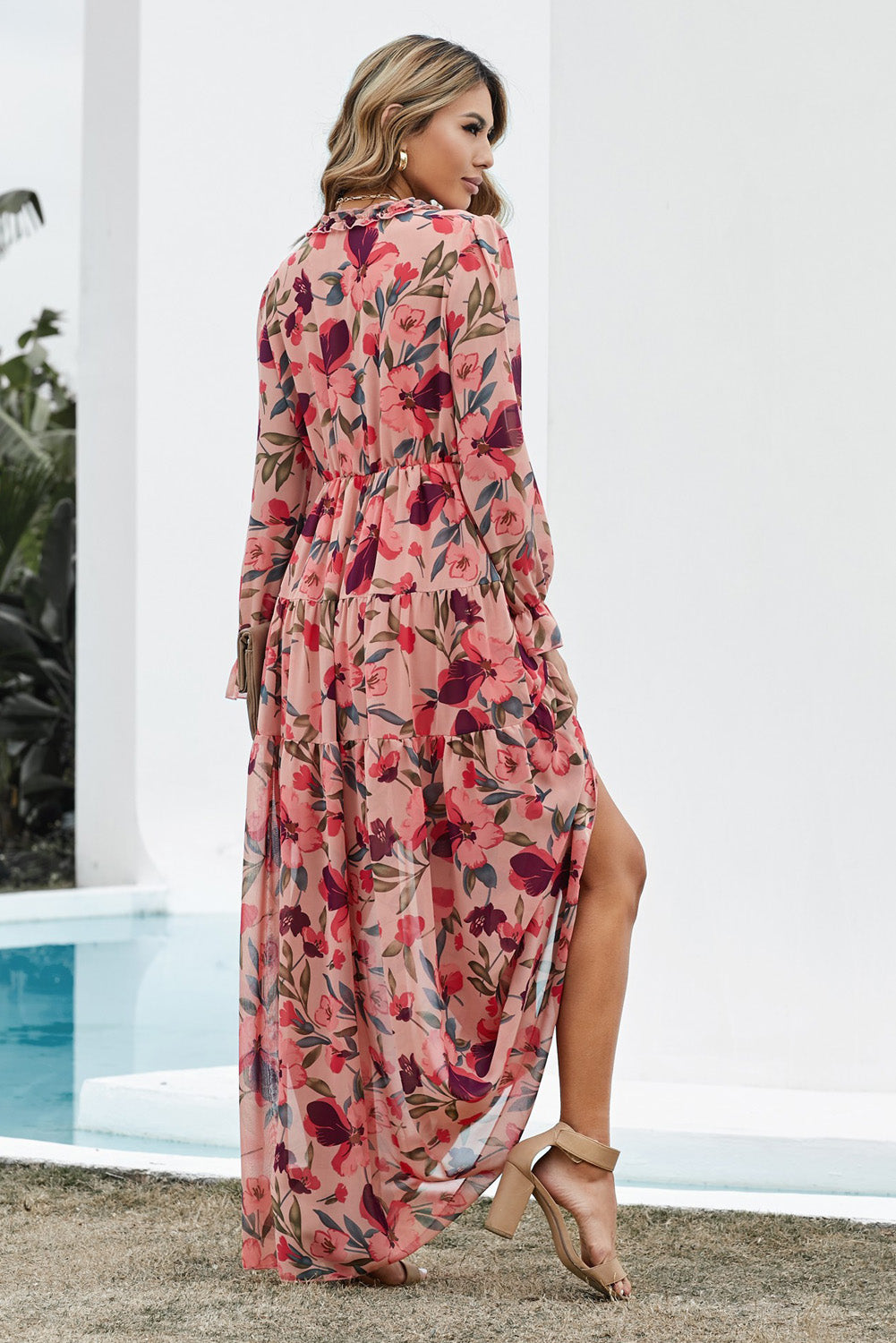 Floral Frill Trim Flounce Sleeve Plunge Maxi Dress OutfitFlow