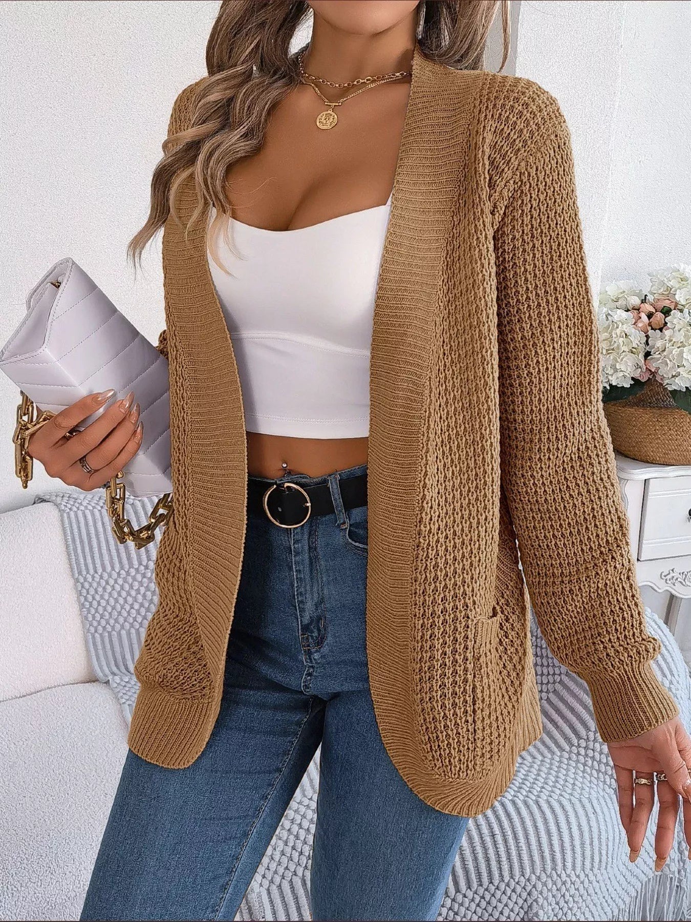 Chunky Knit Open Front Cardigan with Pockets OutfitFlow