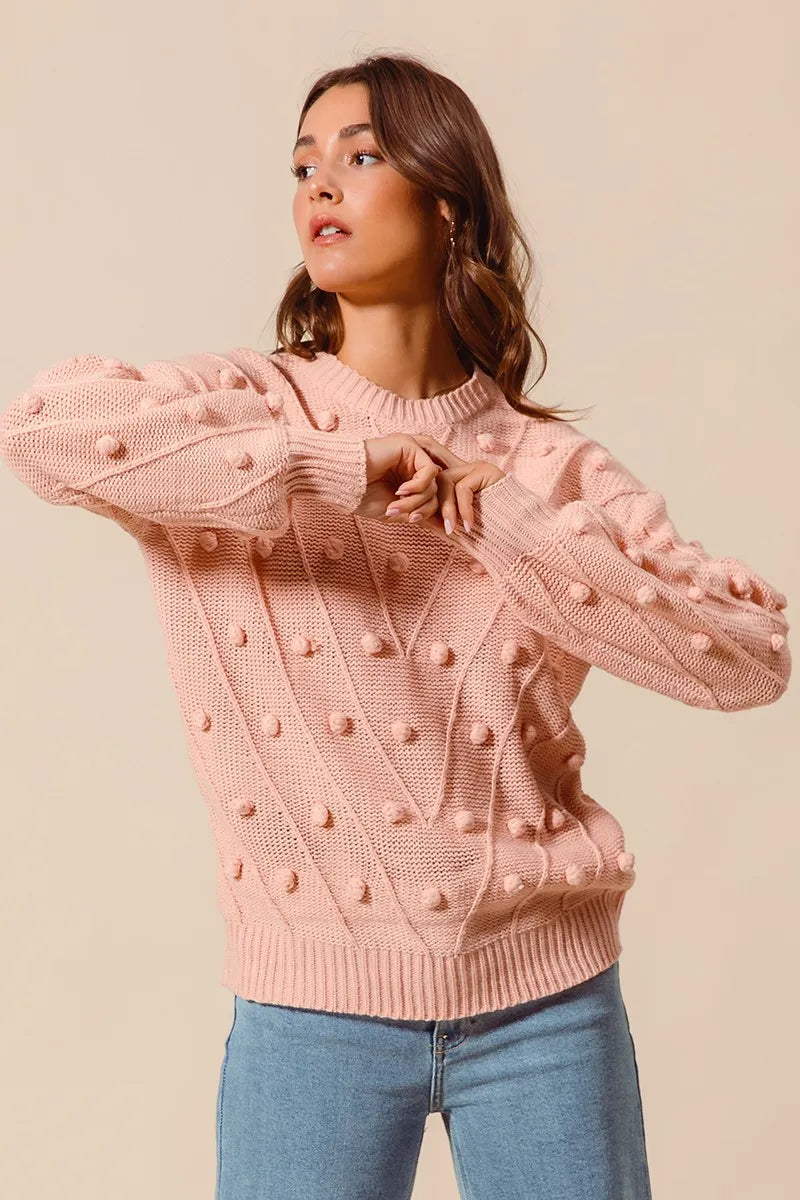 SO ME Pom Pom Textured Knit Sweater Top BLUSH Trendsi