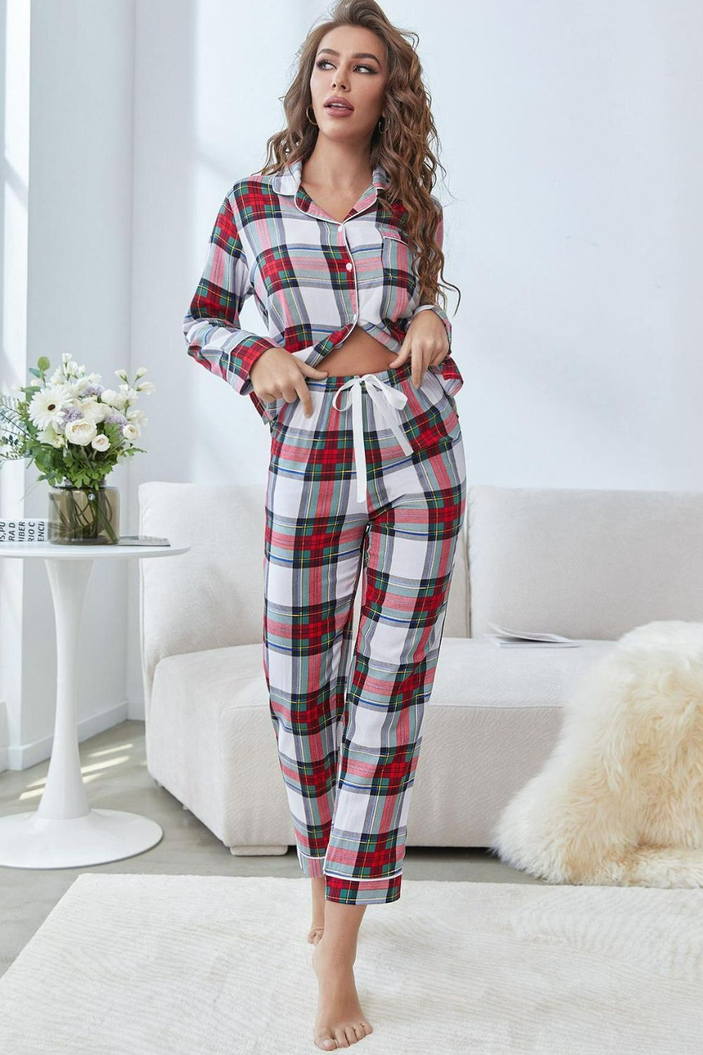 Outfit Flow - Plaid Button Front Top and Pants Lounge Set